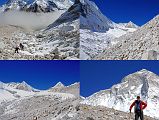 
The trail ascends steeply on enormous rocky boulders with views of Makalu behind, before arriving at the East Col Glacier Camp,
